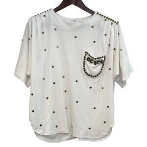 VTG DONNA TORAN Bronze Coin Studded Top Size M Indie Eclectic Art to Wear Retro